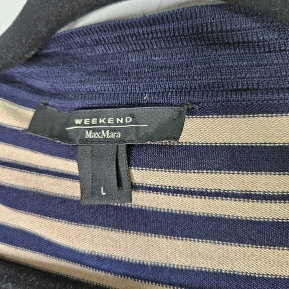 Max Mara Weekend Silk Cardigan Sz L Button Front Striped Navy Blue Beige - Picture 3 of 11